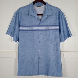 VTG Made in USA TRIUMPH of California Disco Button Front Shirt L Blue Stripe